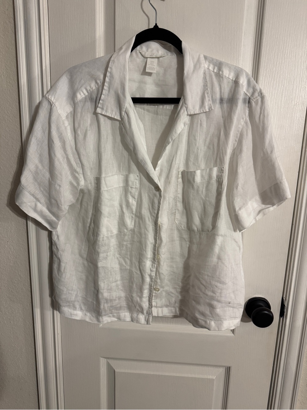 H&M White Short-Sleeve Button-Down Linen Shirt